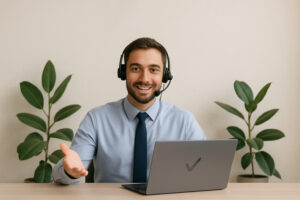 Een medewerker die een online verzekering aanbied