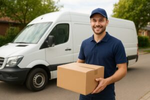 Een pakket bezorger van een koeriersbedrijf die een pakket in zijn hand heeft