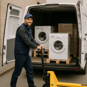Een transport medewerker levert met een pompwagen wasmachines