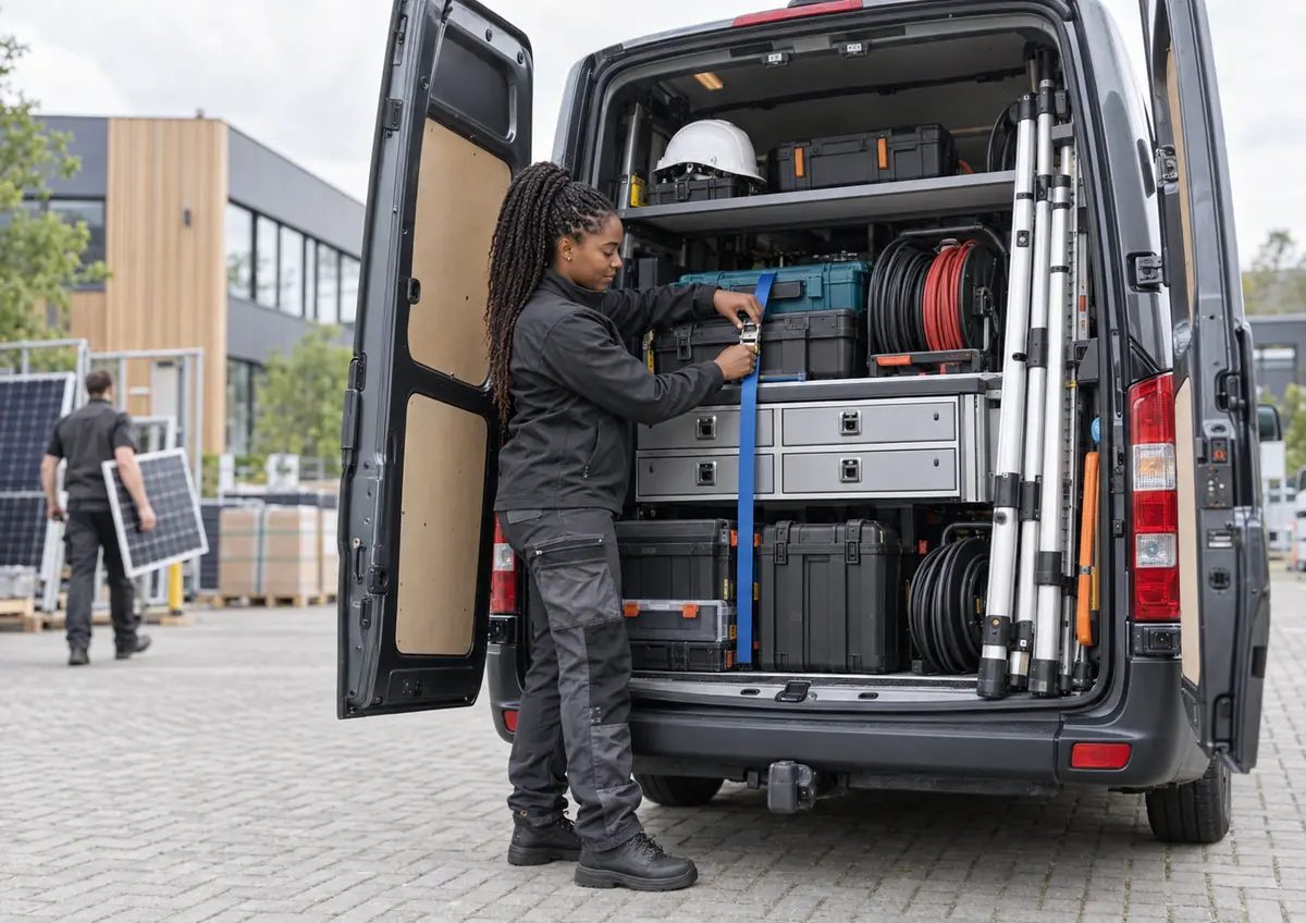 Vakvrouw bij een ingerichte werkbus met gereedschap en materialen