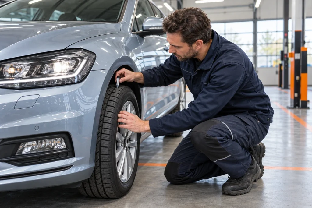 APK-monteur controleert de band en verlichting van een auto in een modern keuringsstation