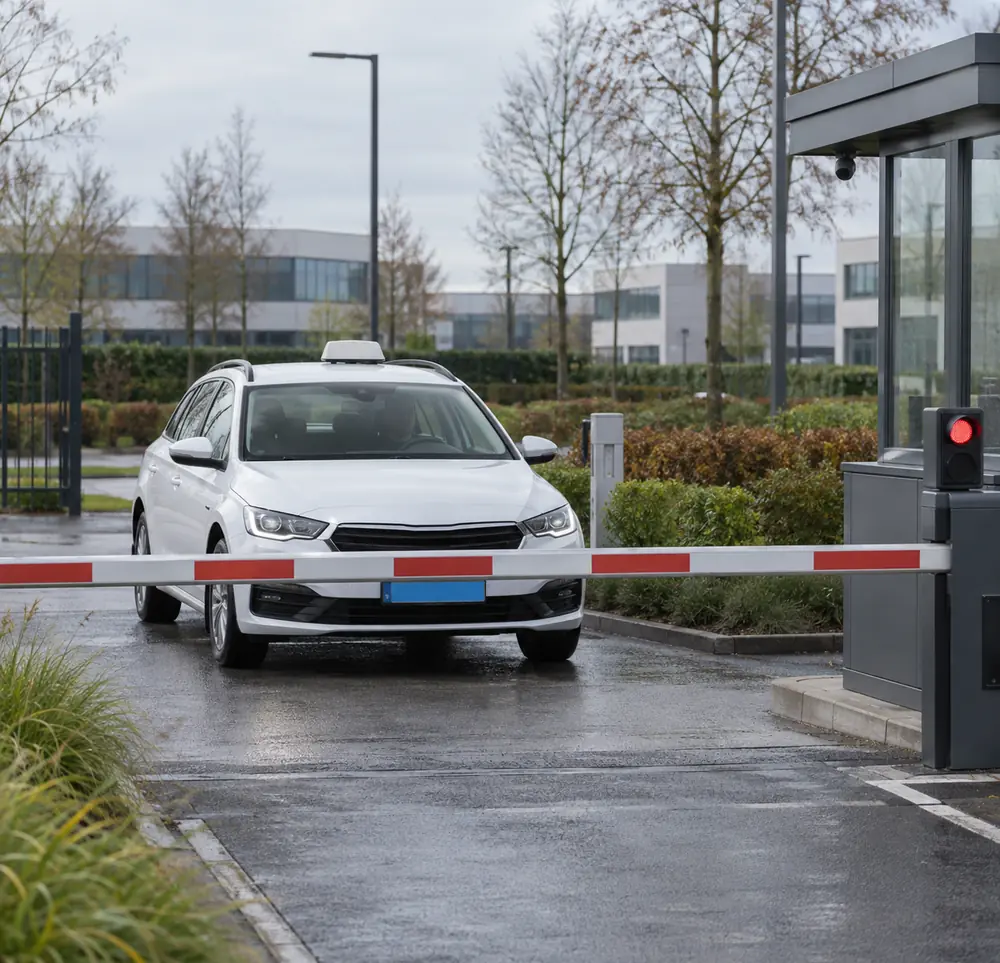Taxi staat voor een gesloten toegangspoort op een Nederlands bedrijventerrein