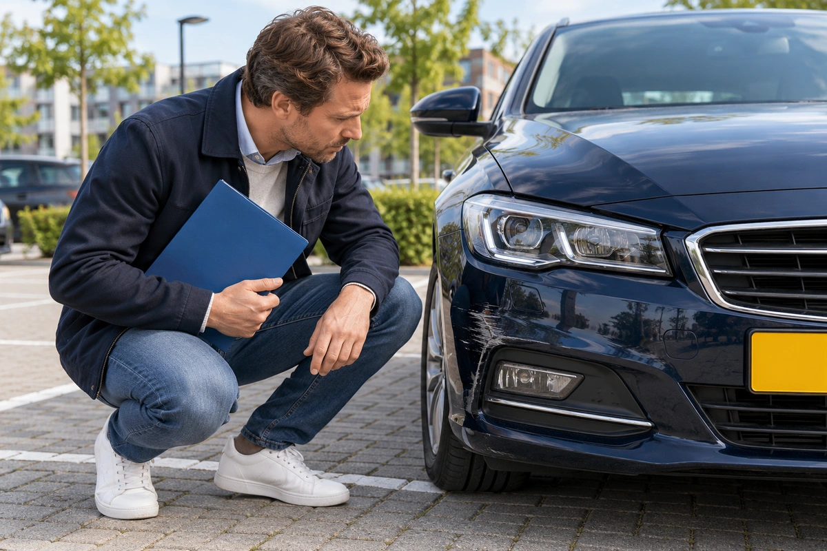 Schade, herstel en eigen risico controleren Automobilist controleert autoschade en raadpleegt de verzekeringsvoorwaarden