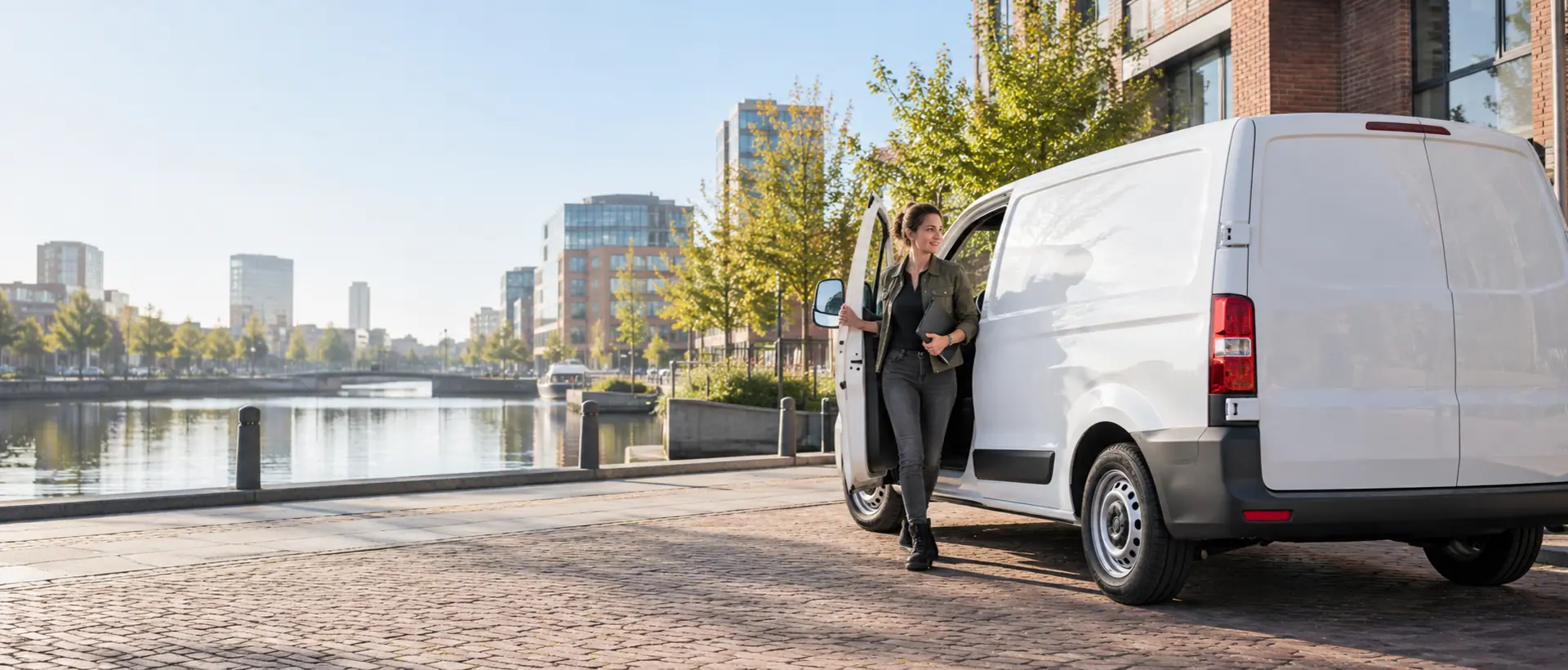 Ondernemer met bedrijfsbus aan het water