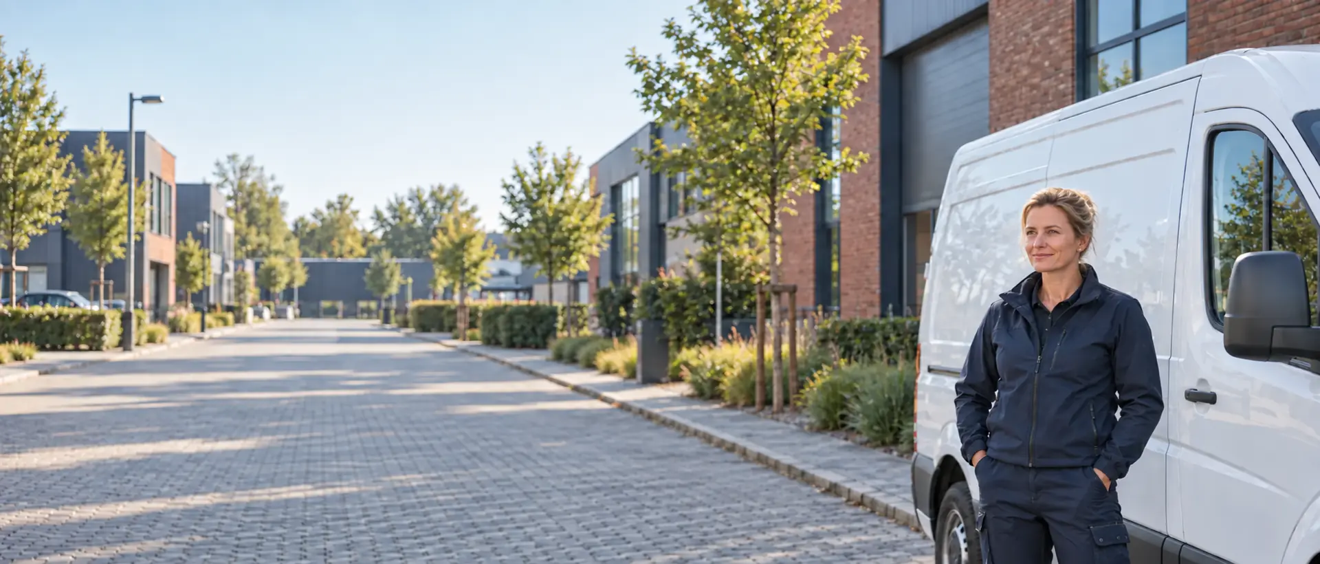 Ondernemer bij een zakelijke bestelauto op een bedrijventerrein
