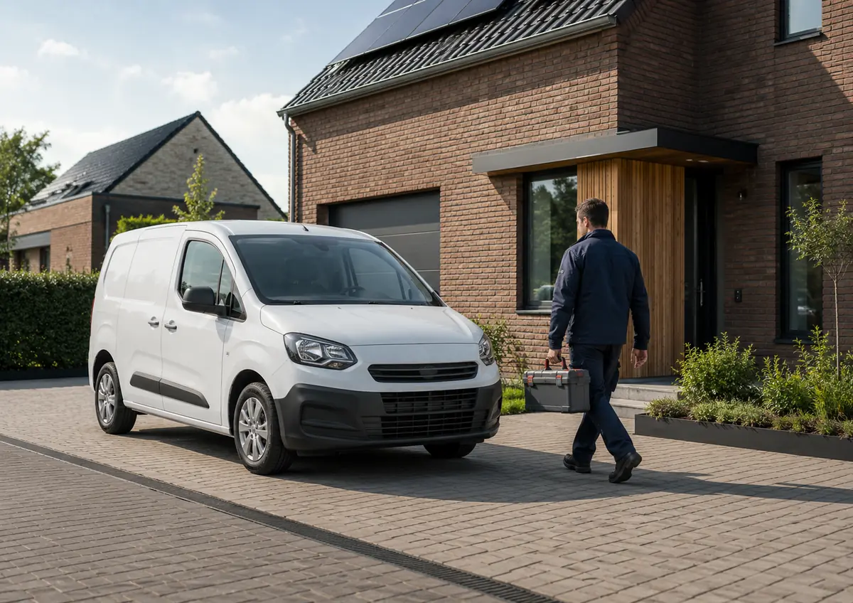 Elektricien bij zijn bestelauto die zakelijk wordt verzekerd