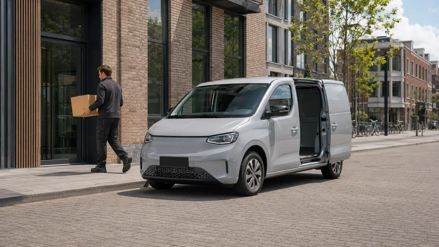 Zelfstandige koerier bij zijn bestelauto