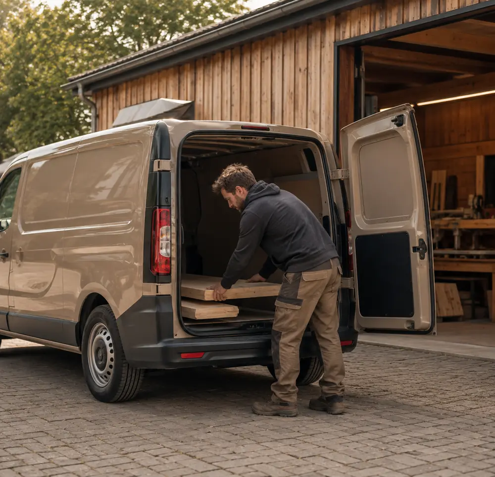 Timmerman met gereedschap bij een zakelijk verzekerde bestelauto