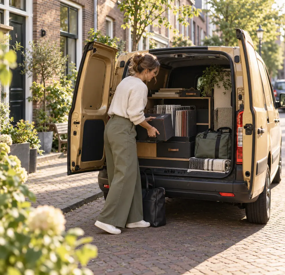 Ondernemer laadt een bedrijfsbus voor een werkdag
