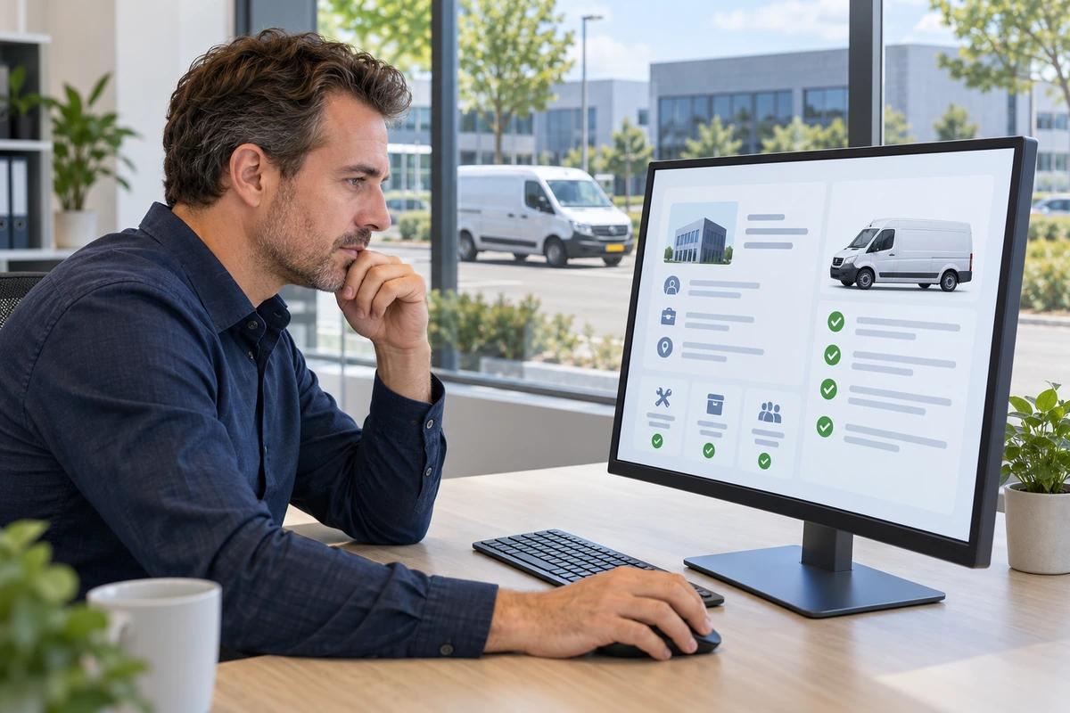 Verzekeringsspecialist controleert de bedrijfsactiviteiten en het gebruik van een zakelijke bestelauto