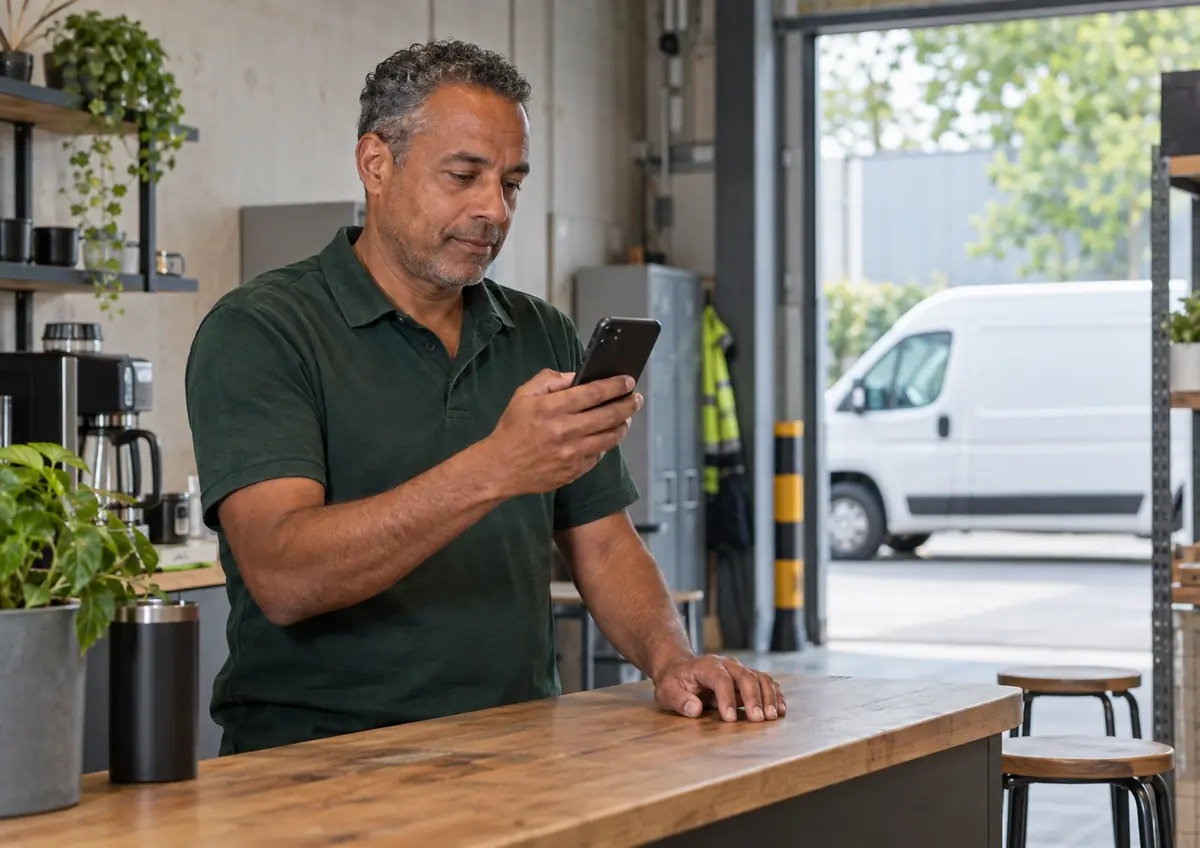 Zelfstandige koerier bekijkt een digitale betalingsherinnering op zijn smartphone