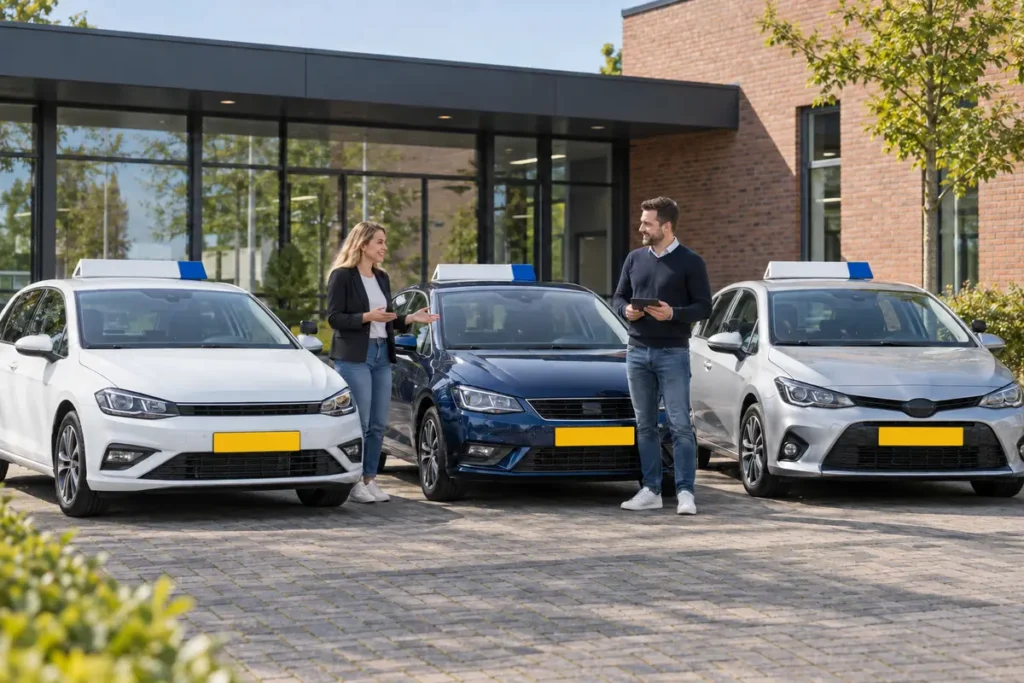Drie verschillende lesauto’s bij een moderne Nederlandse rijschool