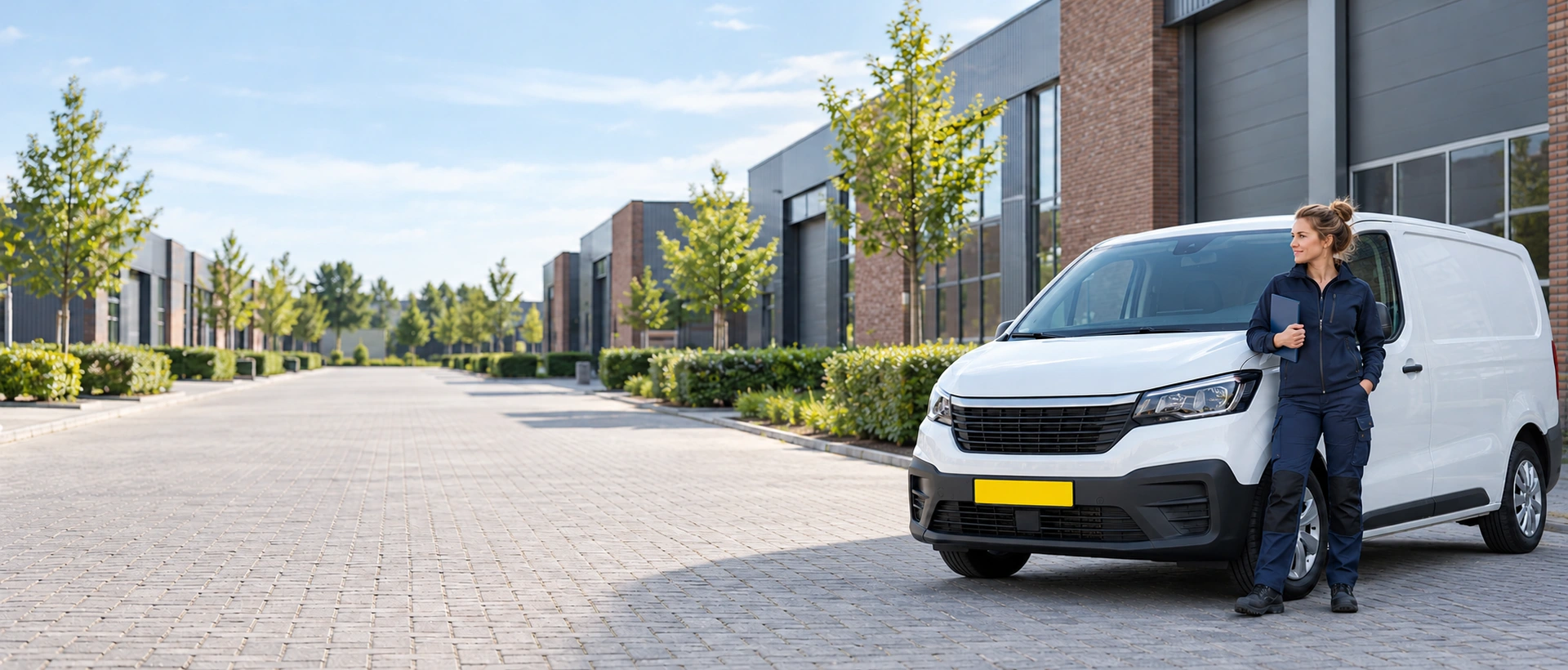 Ondernemer met bestelauto en verzekeringsvoorwaarden op een bedrijventerrein