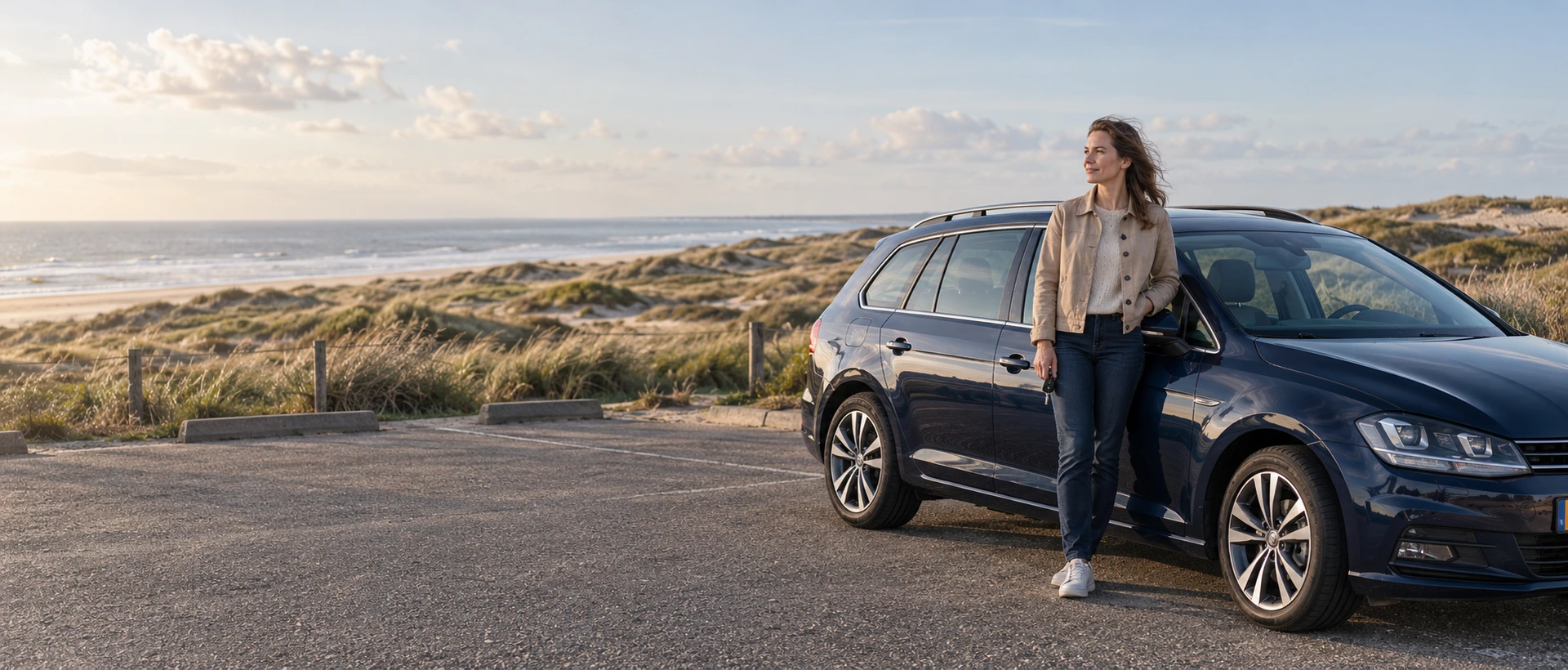 Automobilist naast haar auto aan de kust bij uitleg over de bonus-malustrede