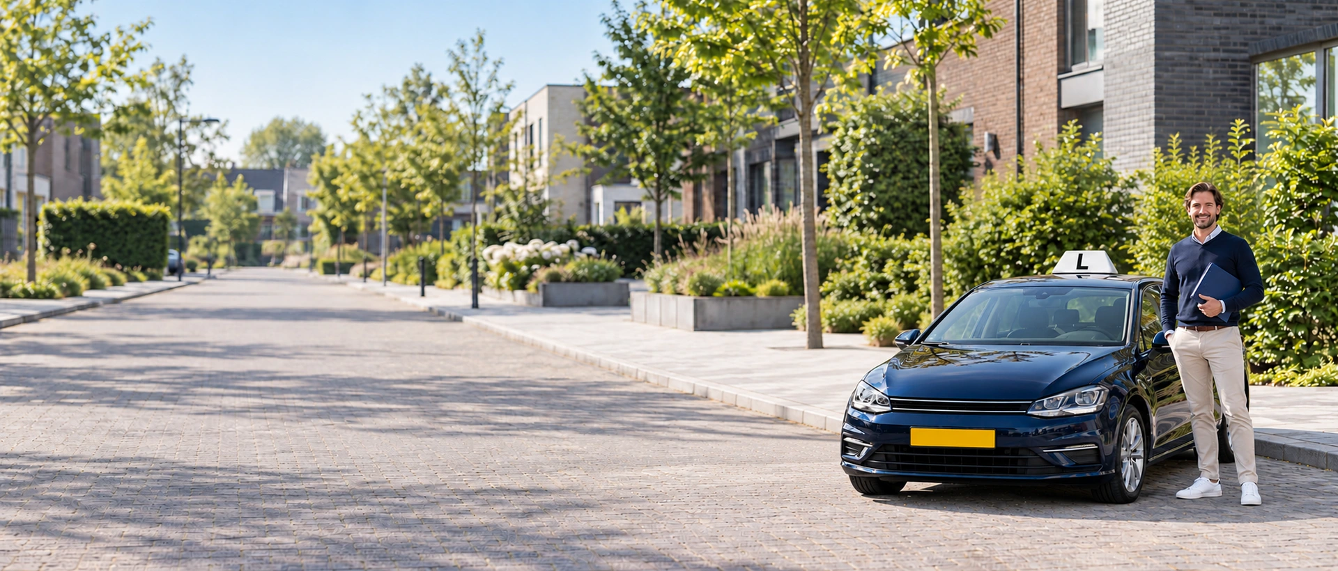 Rijinstructeur met polisvoorwaarden naast een lesauto