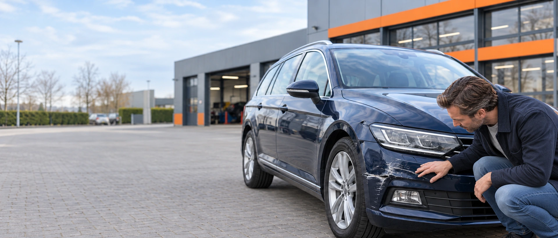 Automobilist bij een beschadigde auto bij uitleg over een verlopen APK en de verzekering