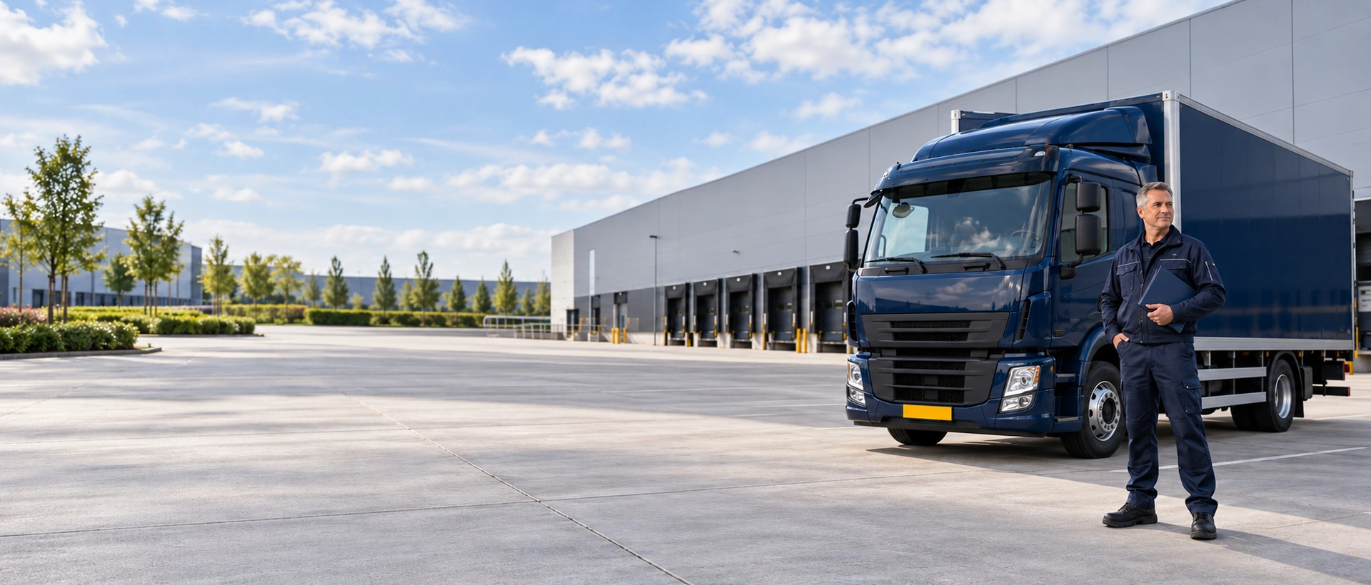 Vrachtwagenchauffeur met verzekeringsdocumenten naast een vrachtwagen