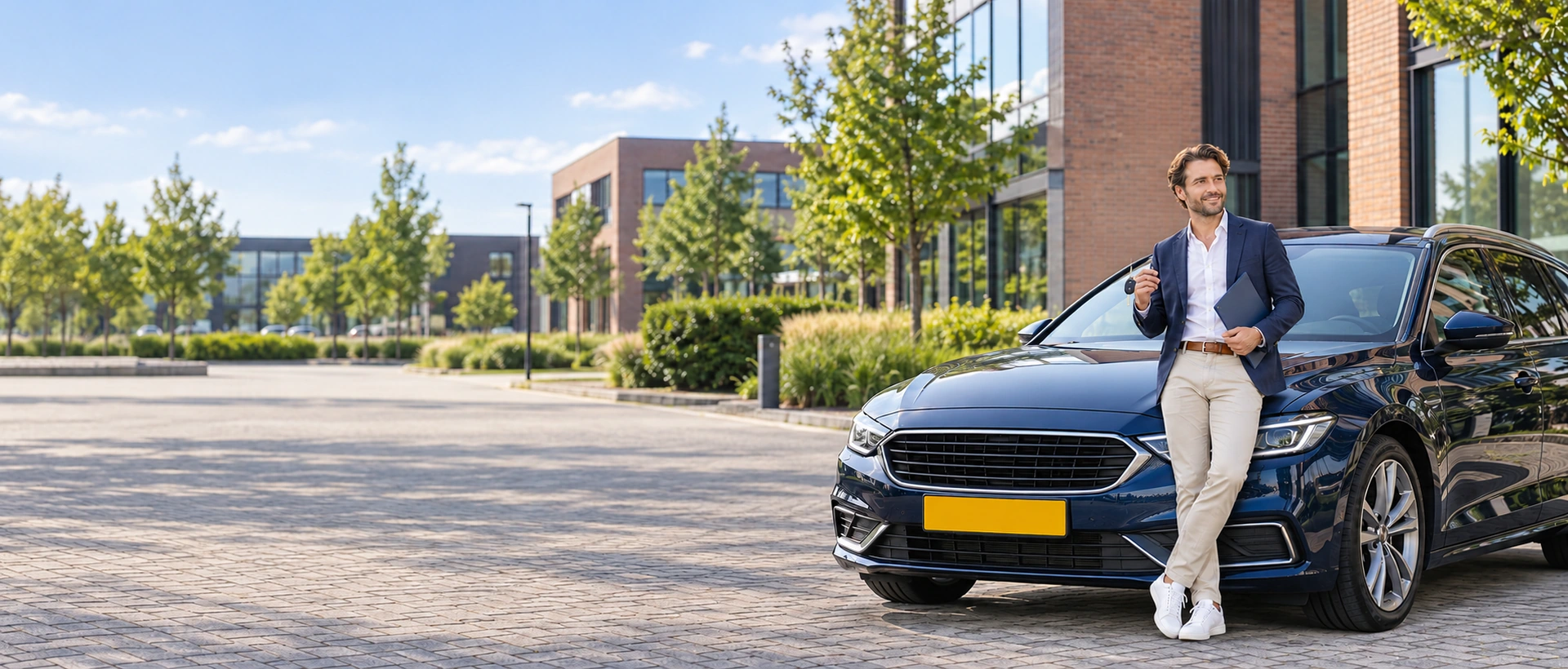 Ondernemer naast zijn auto bij uitleg over autoverzekering en privégebruik