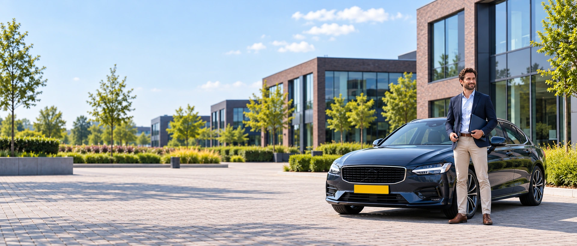 Ondernemer met zakelijke auto en verzekeringsvoorwaarden op een bedrijventerrein