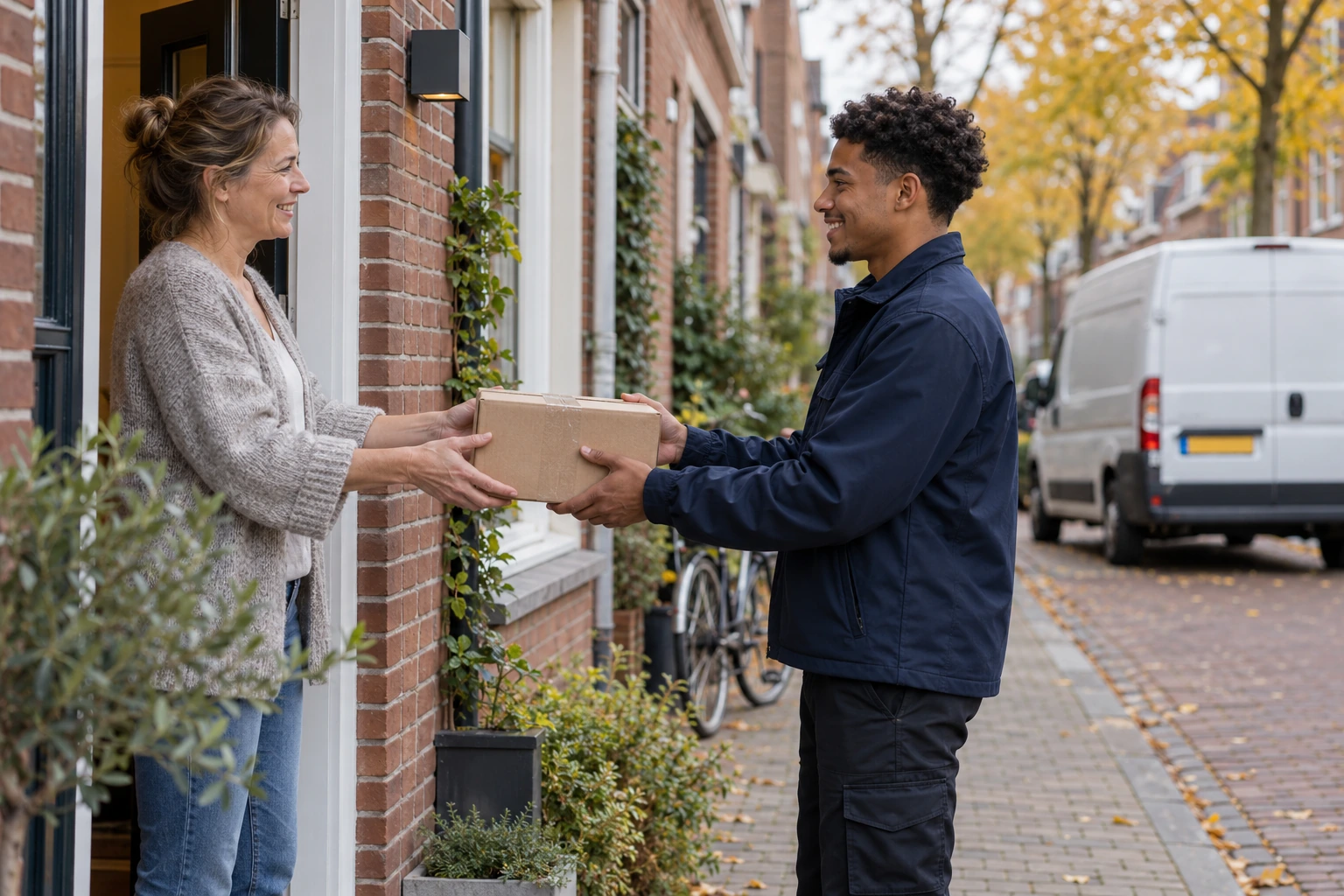 Een jonge koerier overhandigt een pakket aan een bewoner bij een Nederlandse woning.