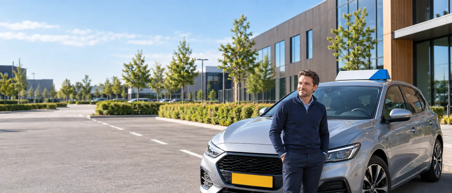 Rijinstructeur naast een lesauto bij de uitbreiding van de lesautoverzekering