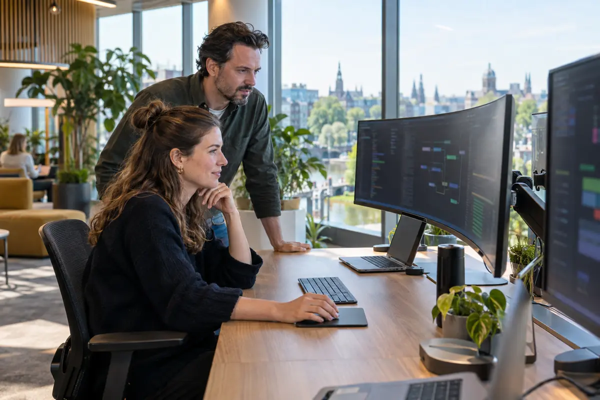 Softwareontwikkelaars werken samen in de moderne Amsterdamse vestiging van JW