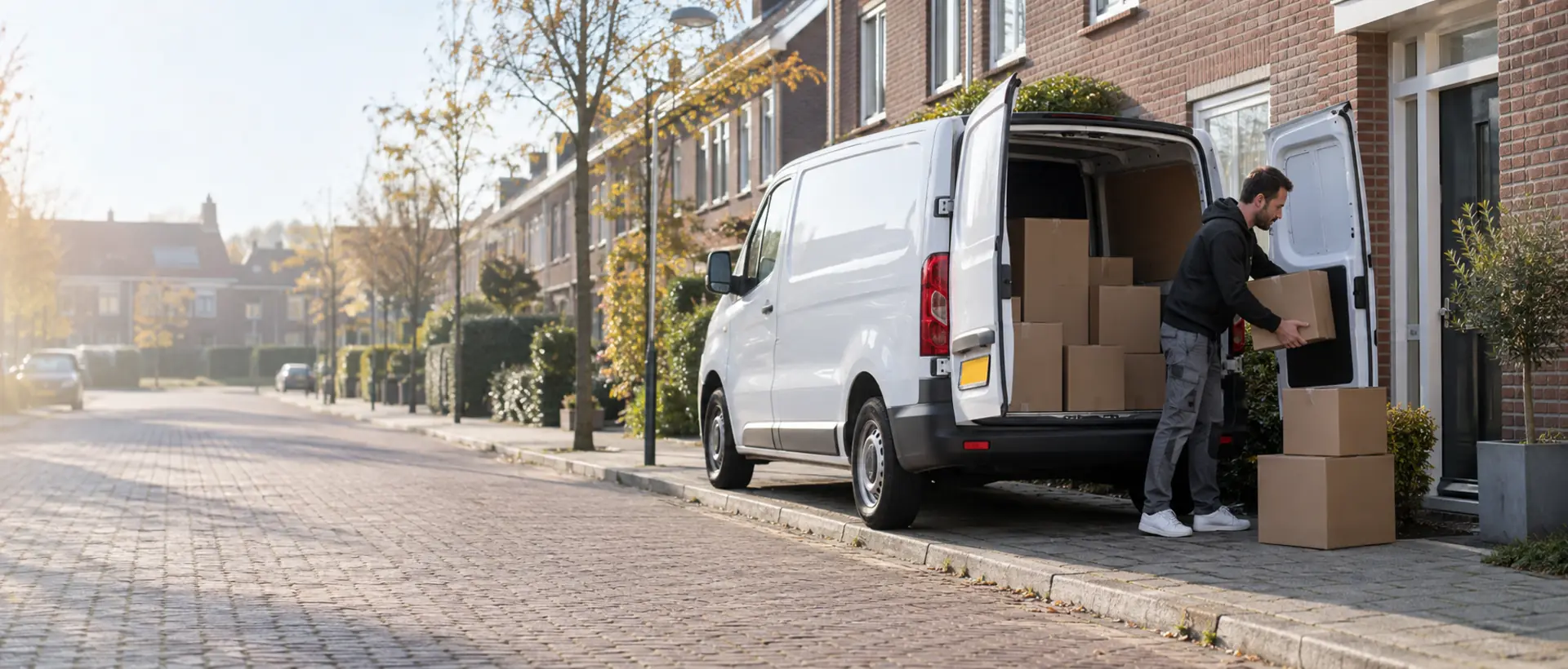 Koerier laadt pakketten uit een bestelauto bij een woonadres