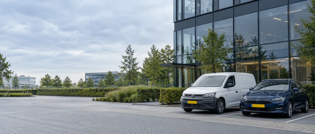 Zakelijke bestelauto en personenauto bij kantoor na tijdelijke stop op nieuwe Wakam-polissen