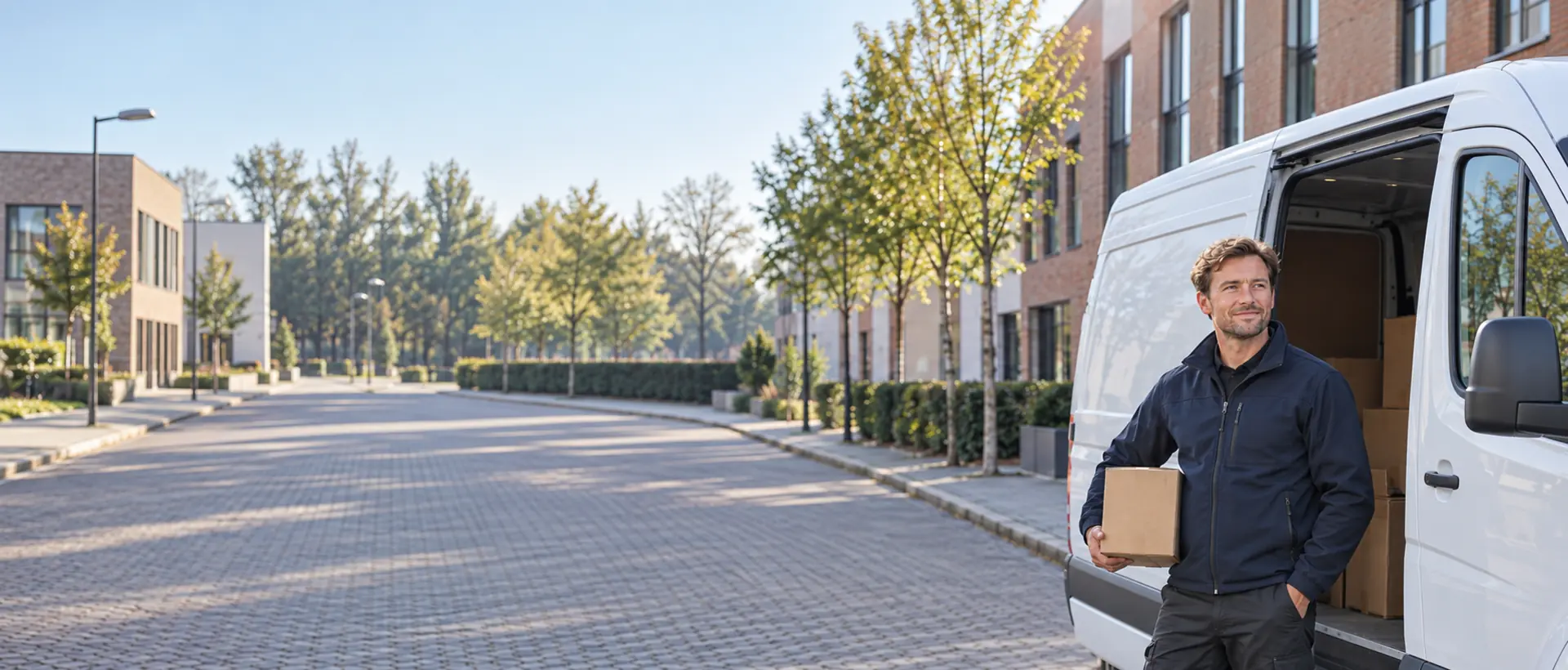 Pakketbezorger staat naast een witte bestelauto