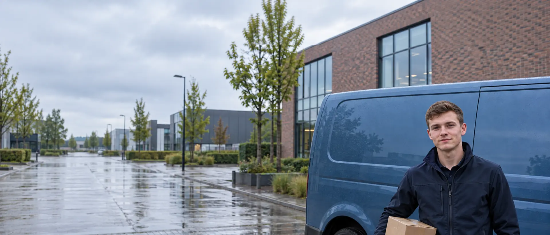 Jonge koerier bij zijn bestelauto