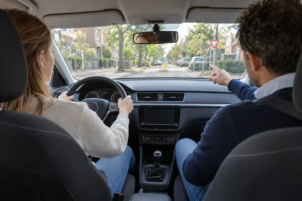 Leerling rijdt tijdens een rijles terwijl de rijinstructeur aanwijzingen geeft