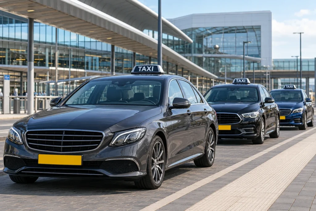 Moderne Nederlandse taxi's bij een taxistandplaats met herkenbare taxiborden op het dak