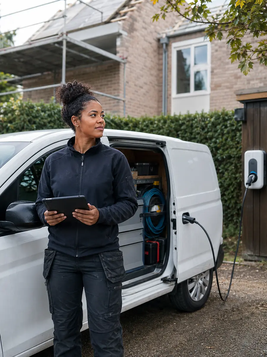 Ondernemer met een zakelijk verzekerde elektrische bestelauto
