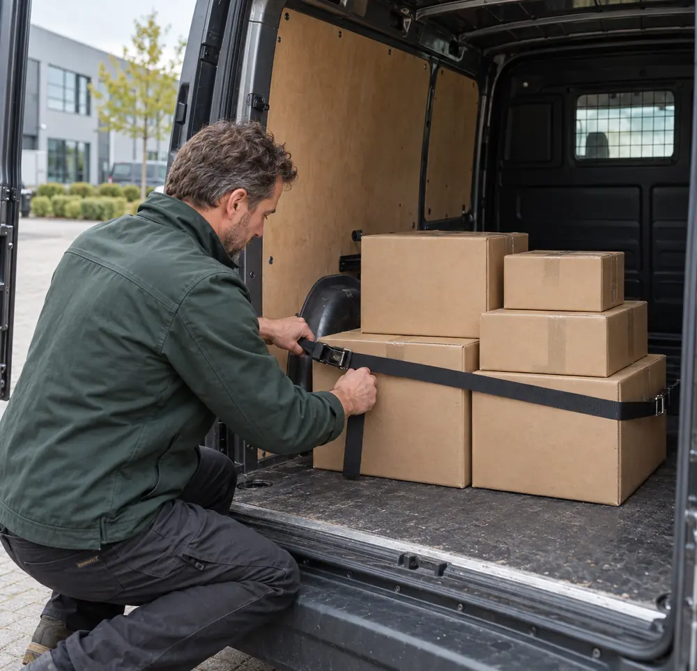 Pakketten veilig vervoeren in een koeriersbus Pakketten veilig opgeborgen in de laadruimte van een bestelbus