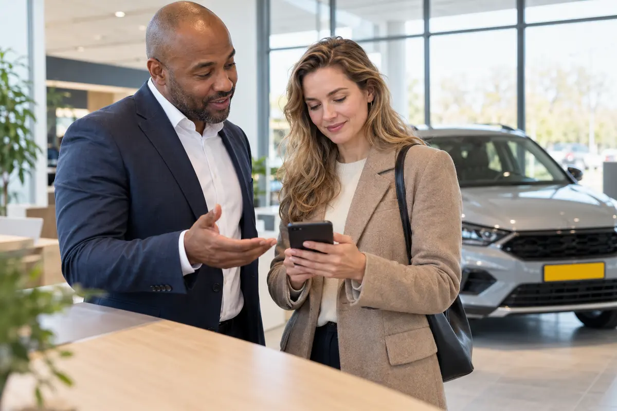 Autodealer verwijst een klant via een persoonlijke link naar JW
