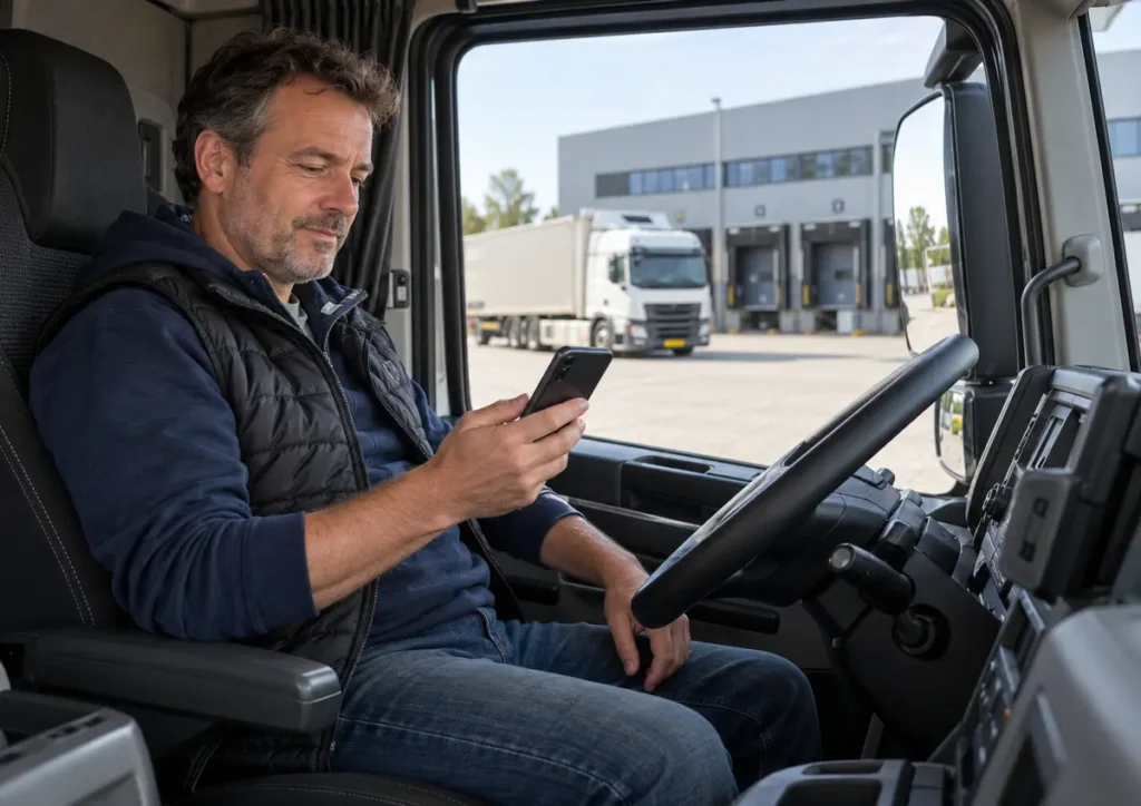 Vrachtwagenchauffeur bekijkt zijn verzekeringsgegevens digitaal vanuit een geparkeerde vrachtauto