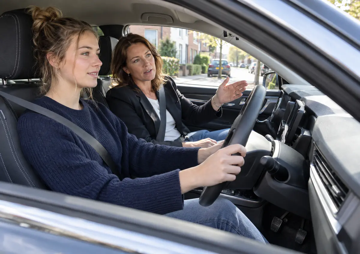 Rijles met leerling en instructeur Leerling en rijinstructeur tijdens een rijles