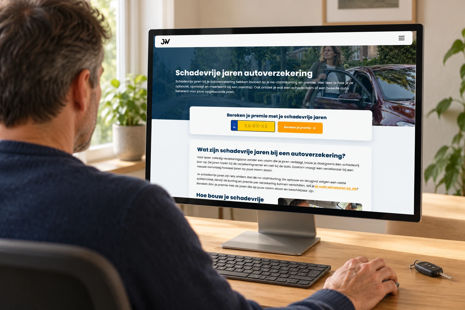 Man bekijkt de JW-pagina over schadevrije jaren op een desktopmonitor.