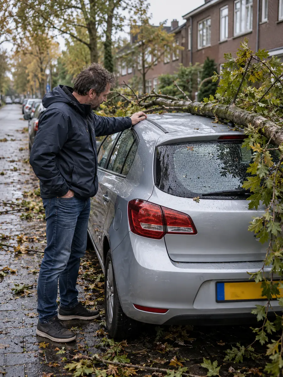 Personenauto met schade na zwaar weer