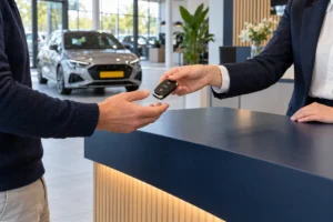 Medewerker van een autoverhuurbedrijf overhandigt een autosleutel aan een huurder