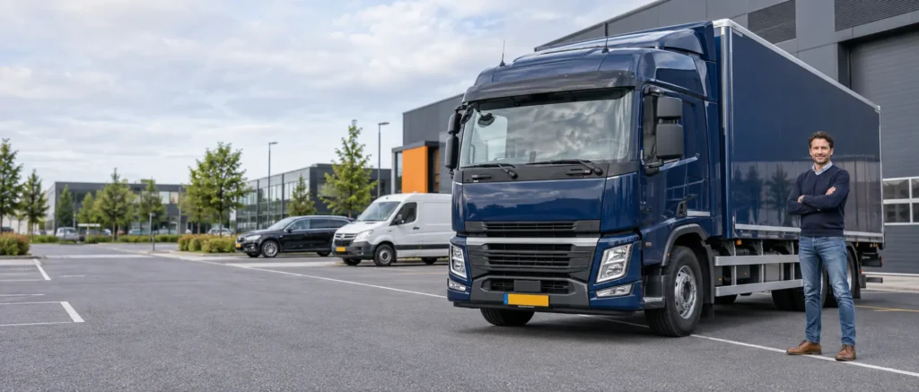 Transportondernemer staat naast een moderne vrachtwagen op een Nederlands bedrijventerrein