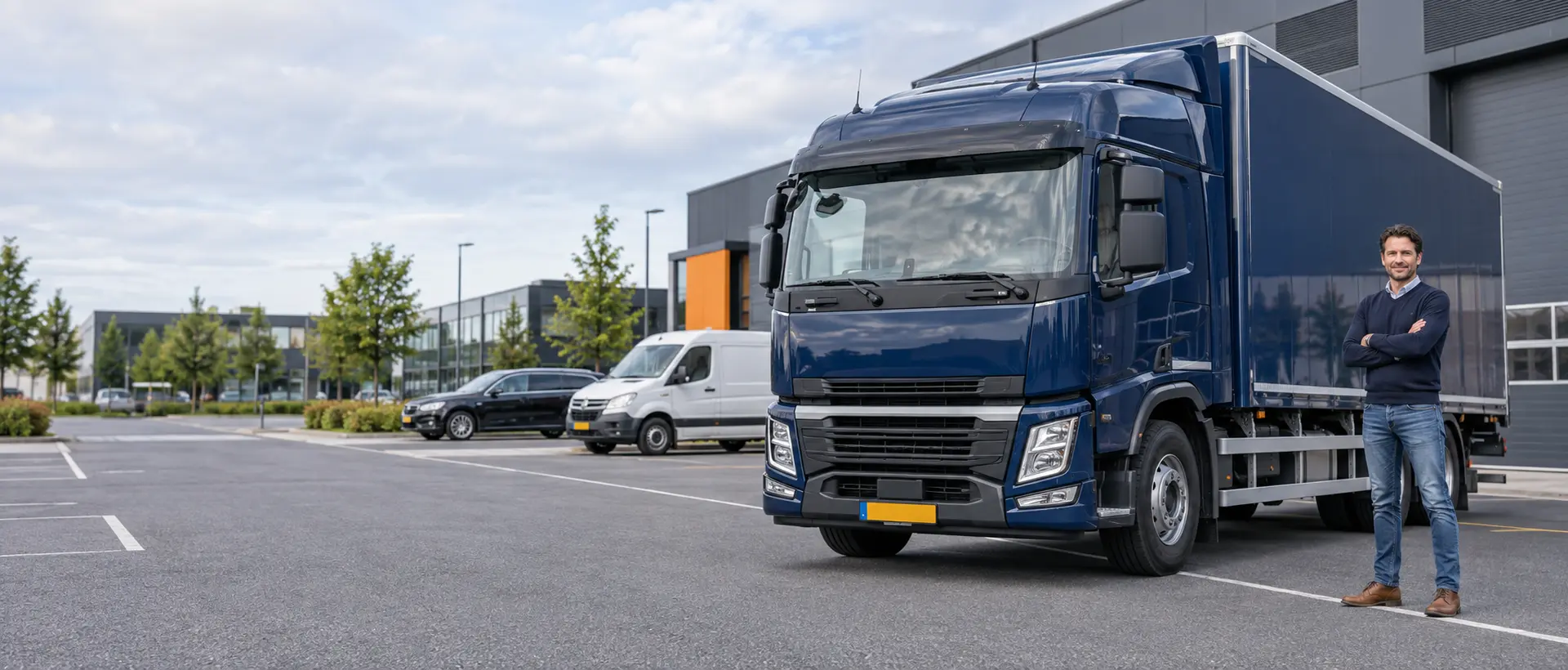 Transportondernemer staat naast een moderne vrachtwagen op een Nederlands bedrijventerrein