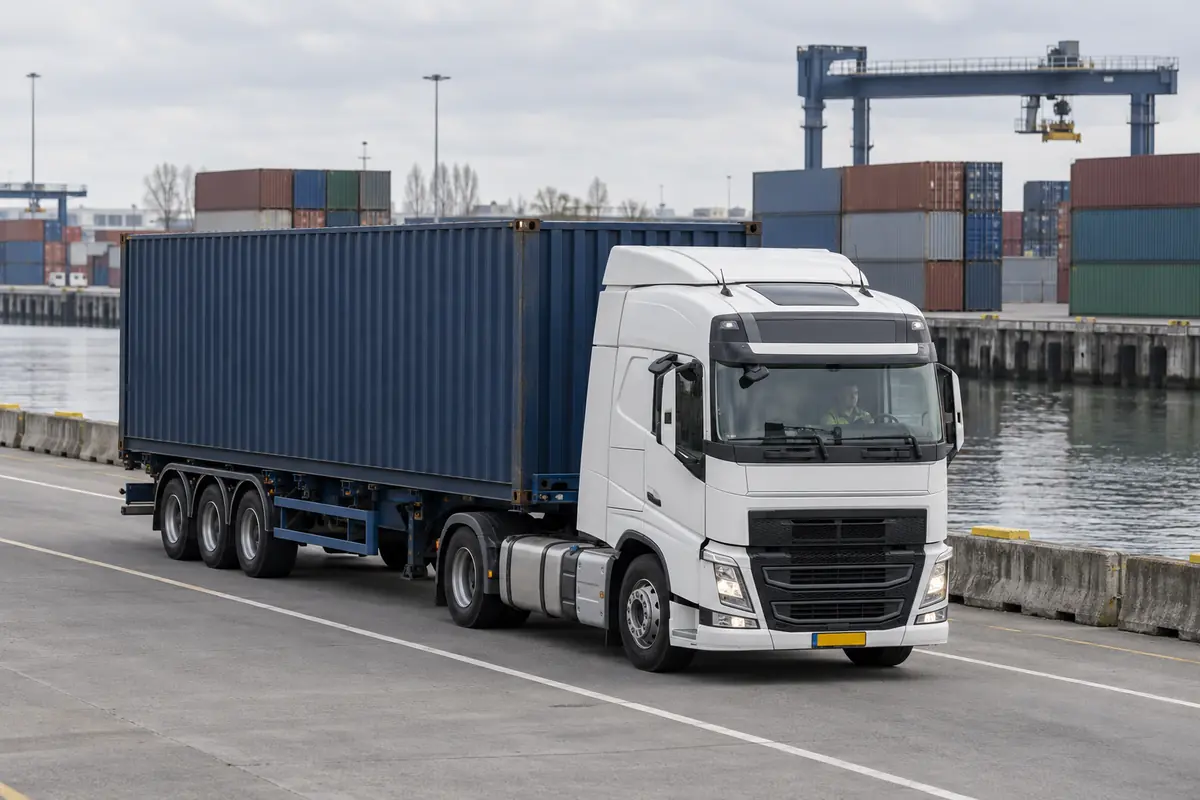 Vrachtwagen met container rijdt over een Nederlandse inlandterminal