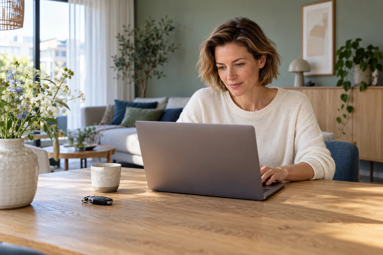 Vrouw bekijkt haar laptop aan een lichte tafel, met een autosleutel naast haar.