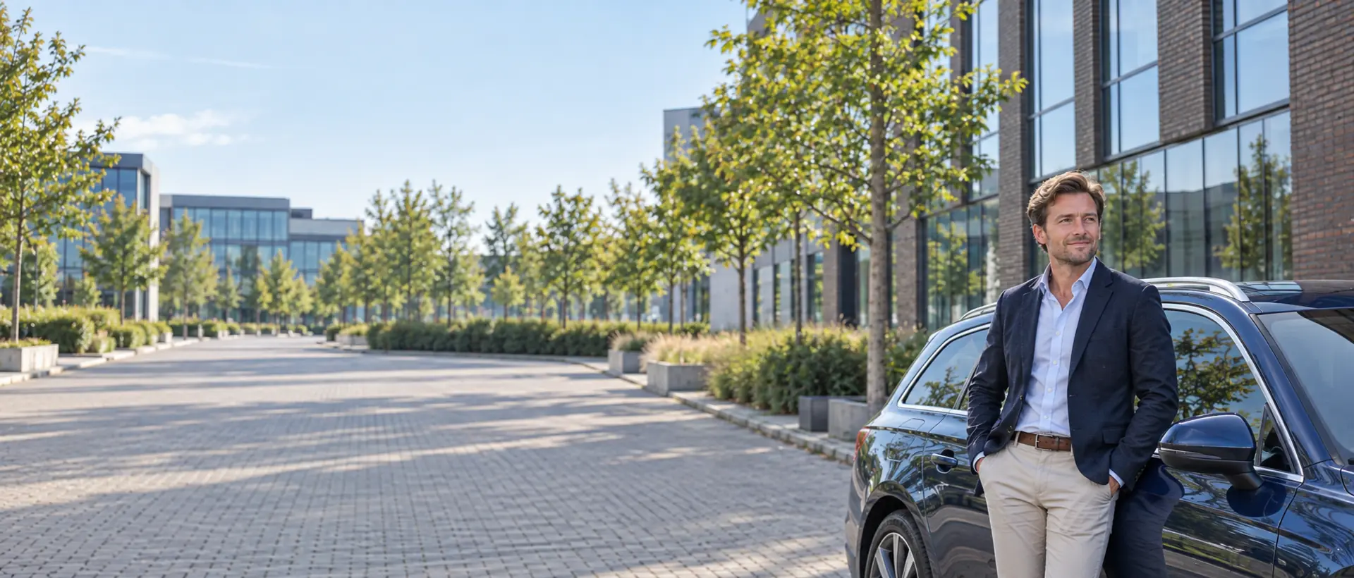 Ondernemer naast een zakelijke auto op een modern bedrijventerrein