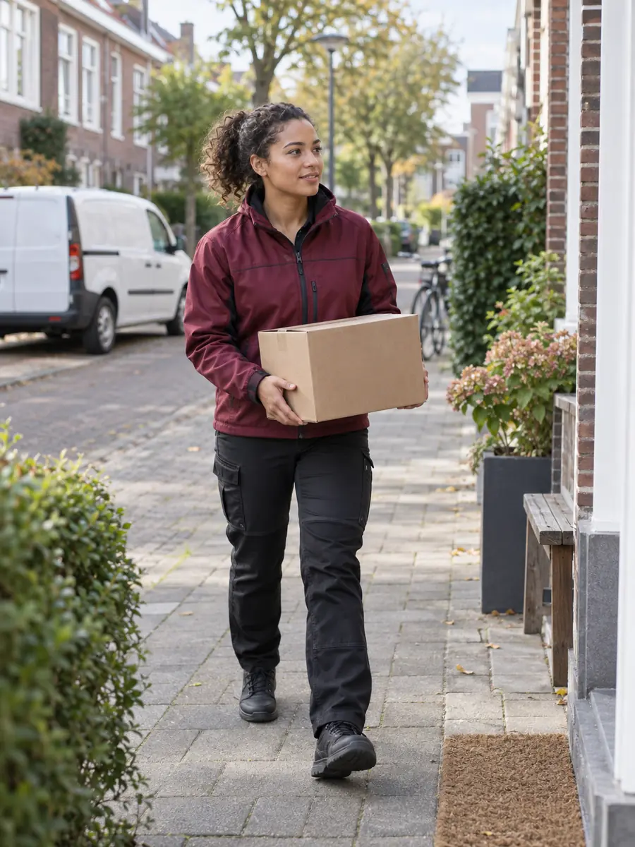 Koeriersverzekering voor een zzp-koerier Zelfstandige pakketbezorger bezorgt een pakket bij een klant
